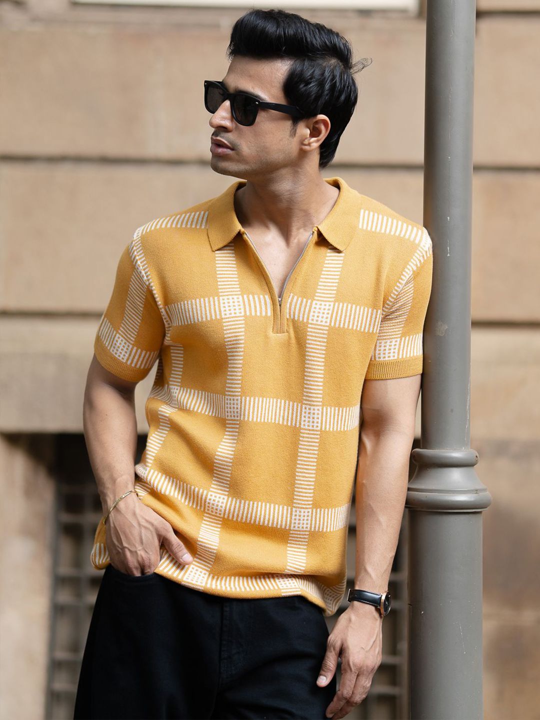 Powerlook SS25 Knitted Checked Polo Collar Pure Cotton T-Shirt
