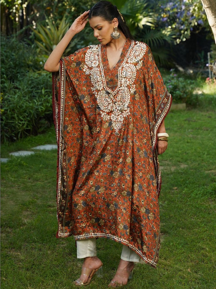 House of Chikankari Women Printed Chikankari Crepe Kaftan Kurta
