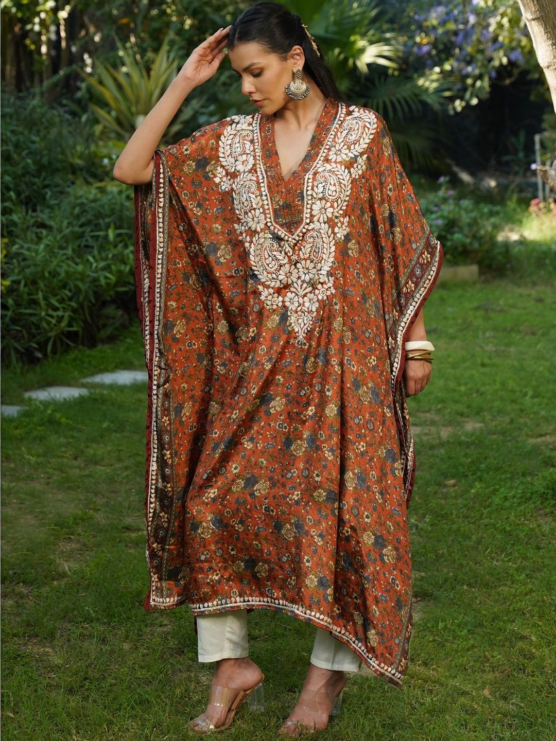 House of Chikankari Women Printed Chikankari Crepe Kaftan Kurta