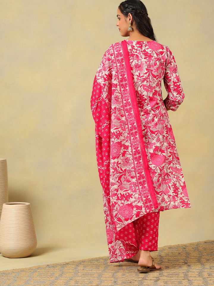 Mamicha Women Floral Printed Regular Thread Work Pure Cotton Kurta with Trousers & With Dupatta