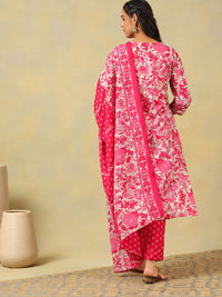 Mamicha Women Floral Printed Regular Thread Work Pure Cotton Kurta with Trousers & With Dupatta