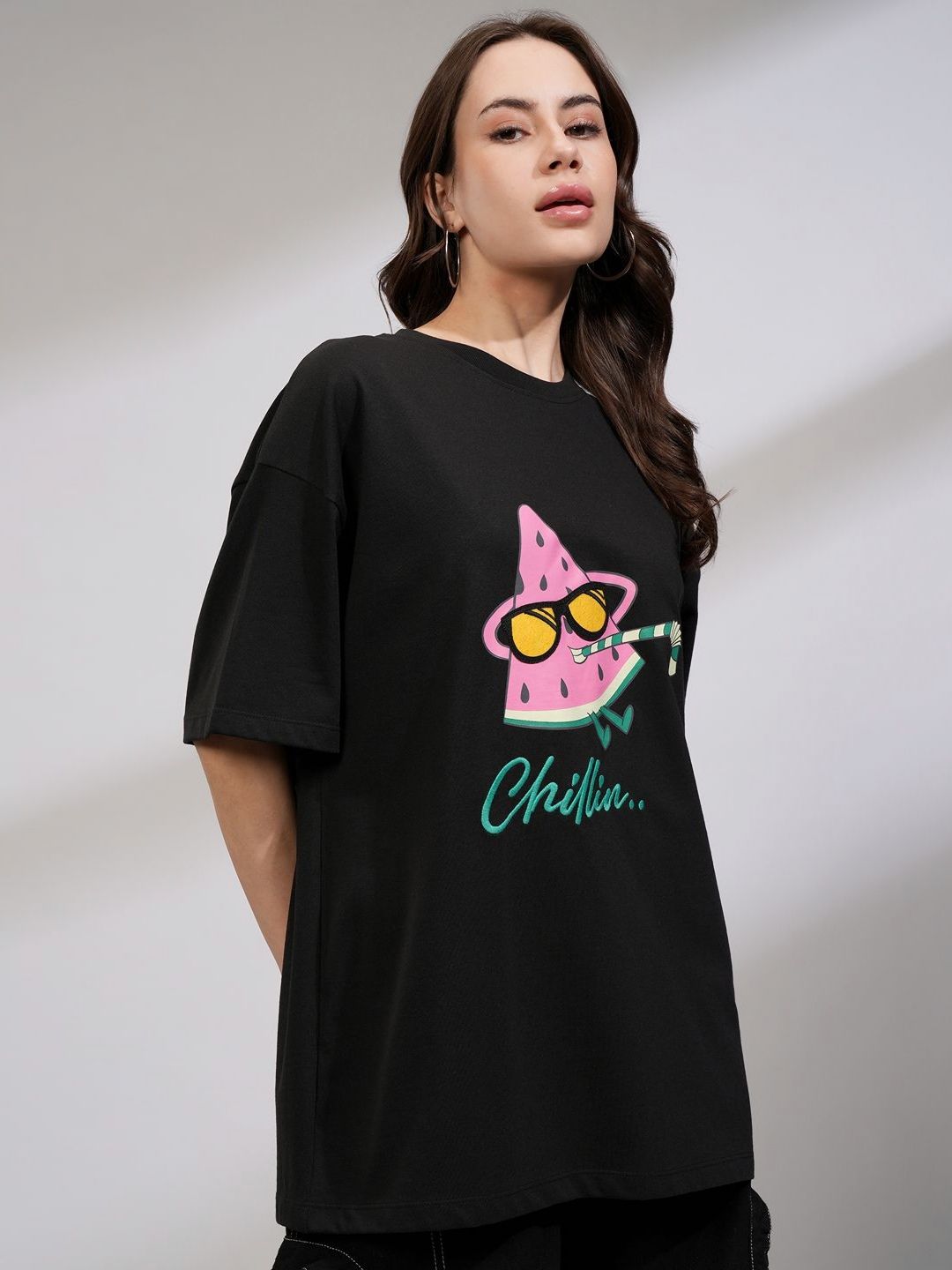 Tokyo Talkies Women Solid Oversize Fit Chest and Back Print T-Shirt