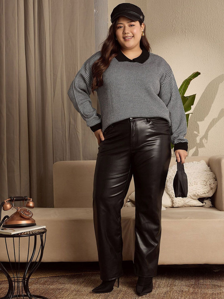 Berrylush Curve Women Printed Shirt Collar Pullover Sweater