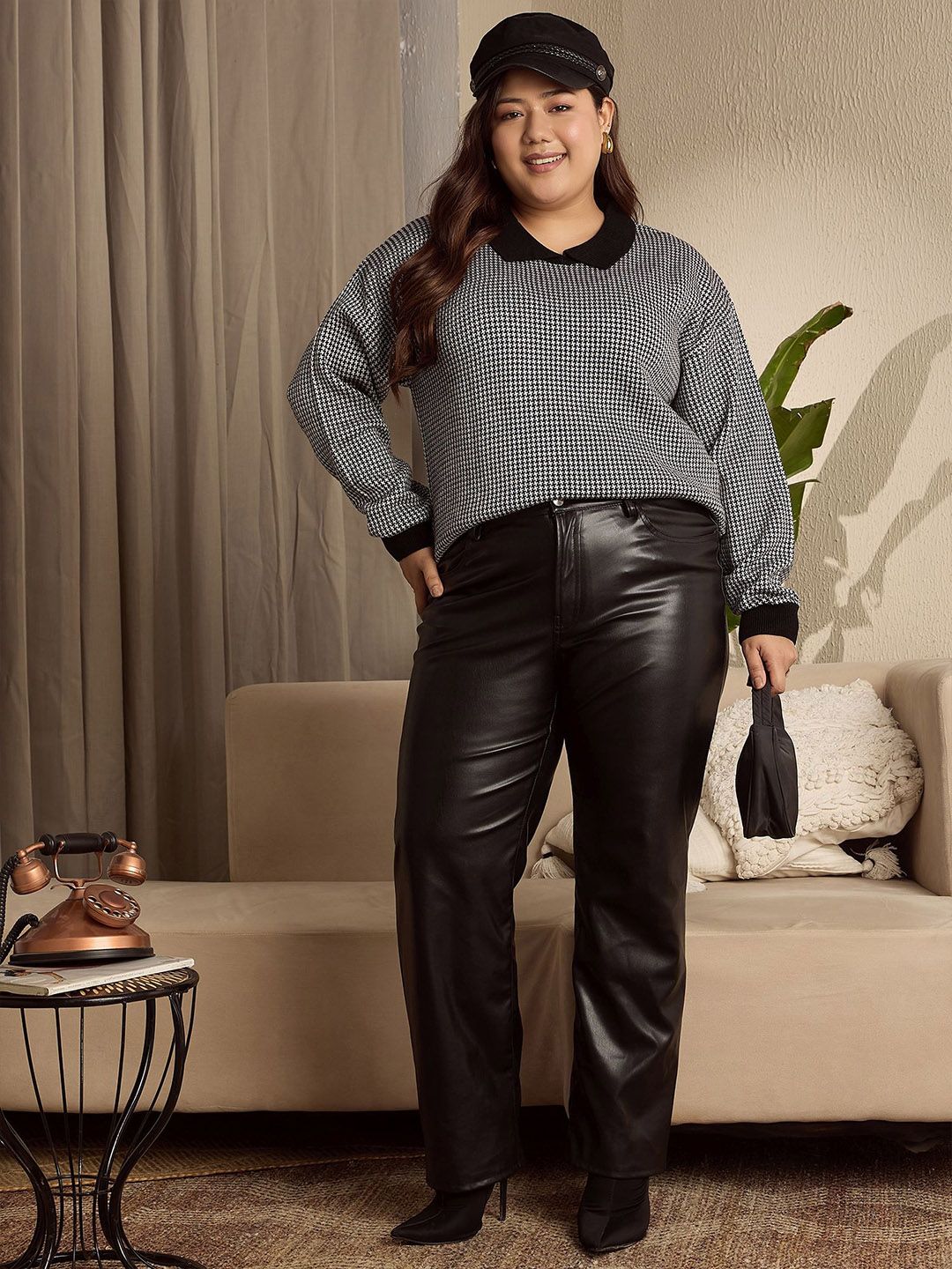 Berrylush Curve Women Printed Shirt Collar Pullover Sweater