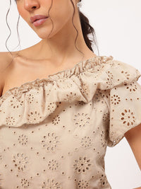 DressBerry Brunch Glamour One-Shoulder Schiffli Ruffled Top