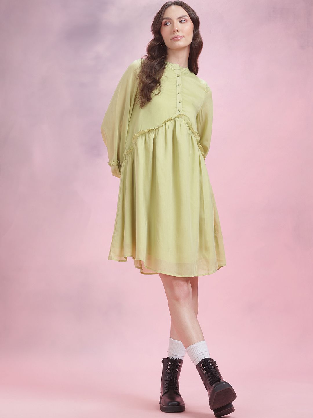 DressBerry Puff Sleeves Ruffled A-Line Dress