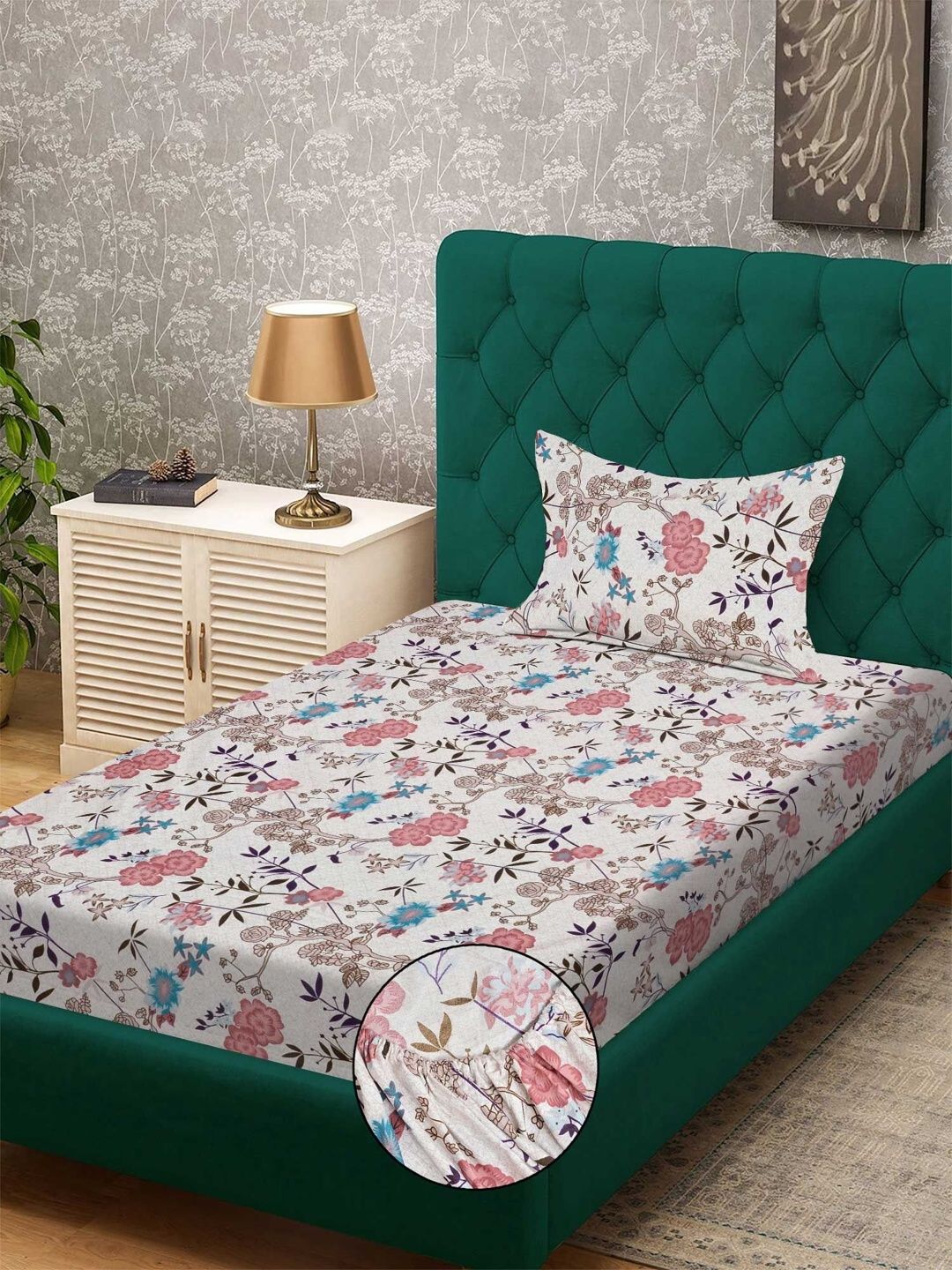 KLOTTHE Pink Floral Printed Dilengkapi 300 TC Single Cadar Halus Dengan Sarung Bantal