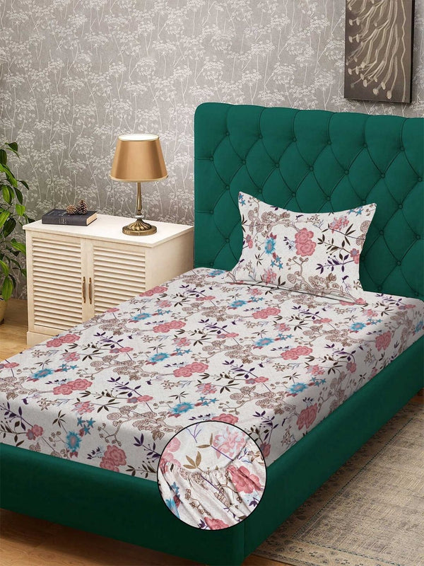 KLOTTHE Pink Floral Printed Fitted 300 TC Single Fine Bedsheet With Pillow Cover