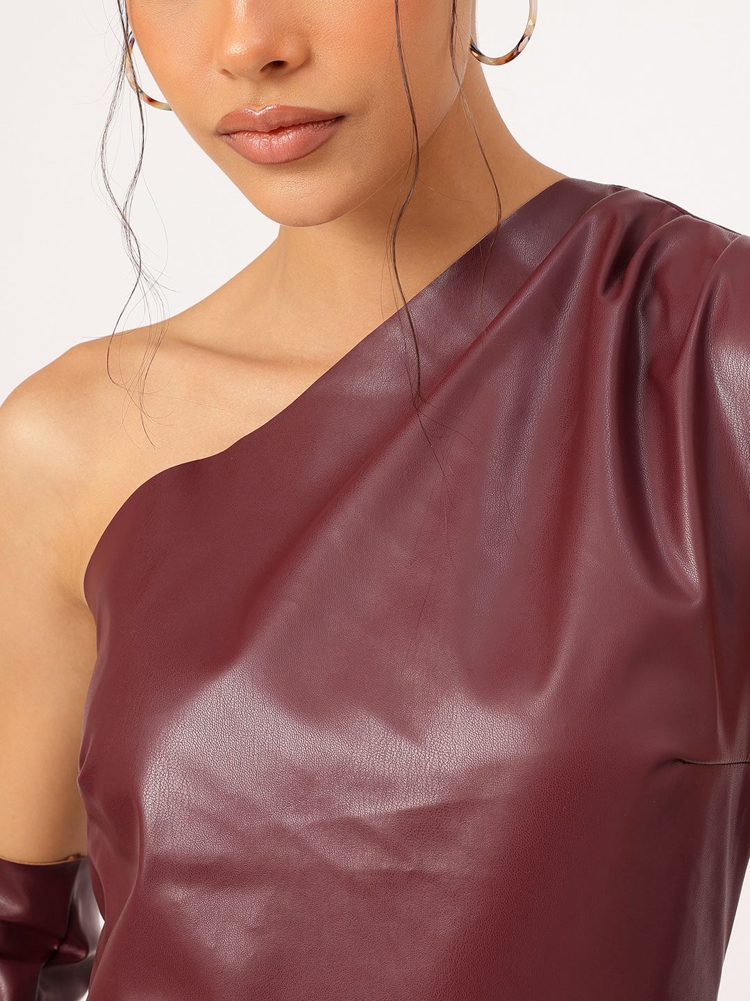 DressBerry Glossed-Up Faux Leather Asymmetric Top With Hand Gloves
