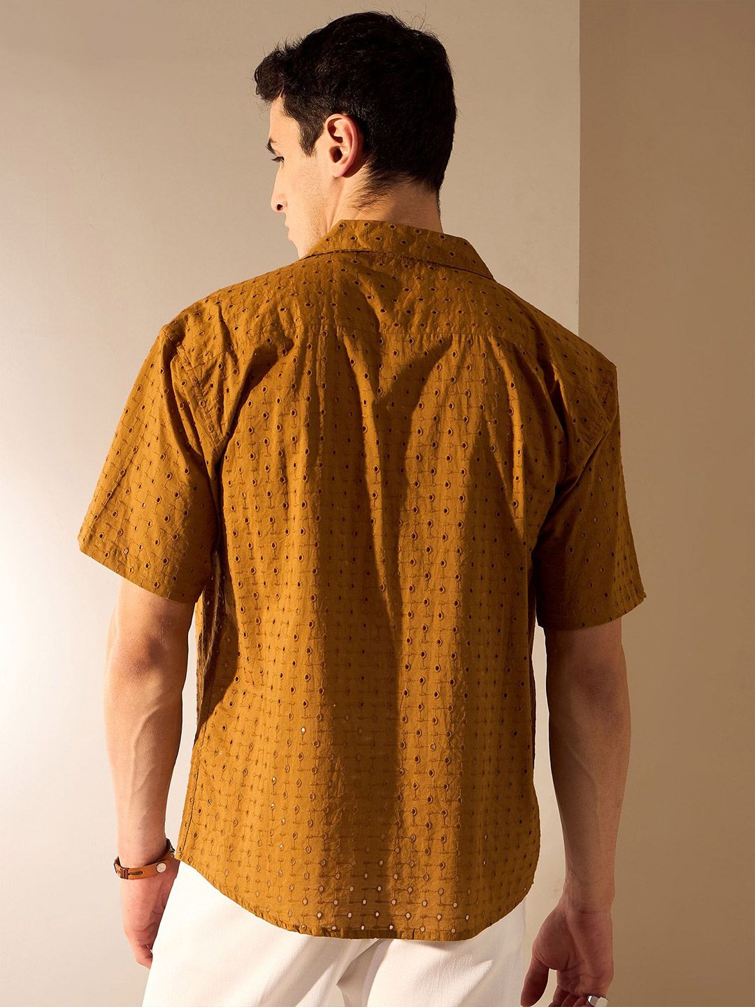 DENNISON Relaxed Textured Self Design Semi Sheer Schiffli Cuban Collar Oversized Shirt