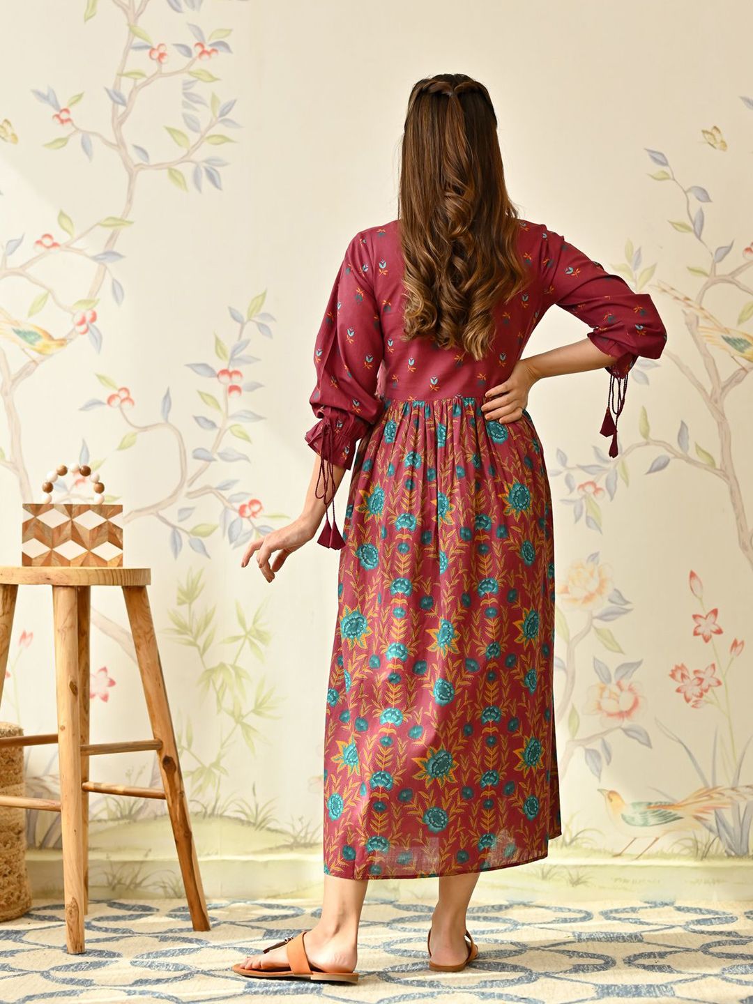 Rustorange Women Floral Printed Round Neck Cotton Empire Maxi Dress