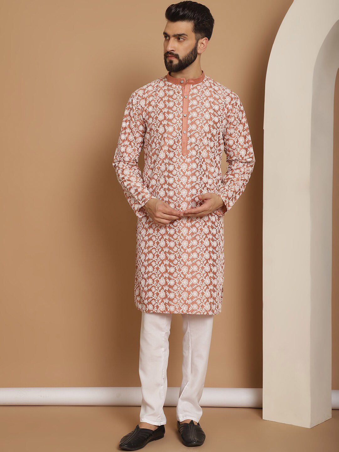 Anouk Floral Embroidered Mandarin Collar Knee Length Regular Kurta with Churidar