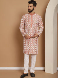 Anouk Floral Embroidered Mandarin Collar Knee Length Regular Kurta with Churidar