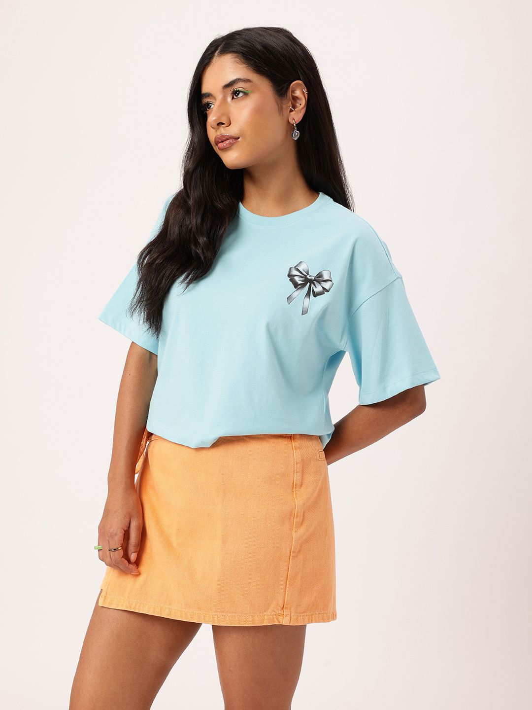 DressBerry Cute Bow-Tied Bliss Printed Boxy Crop T-shirt