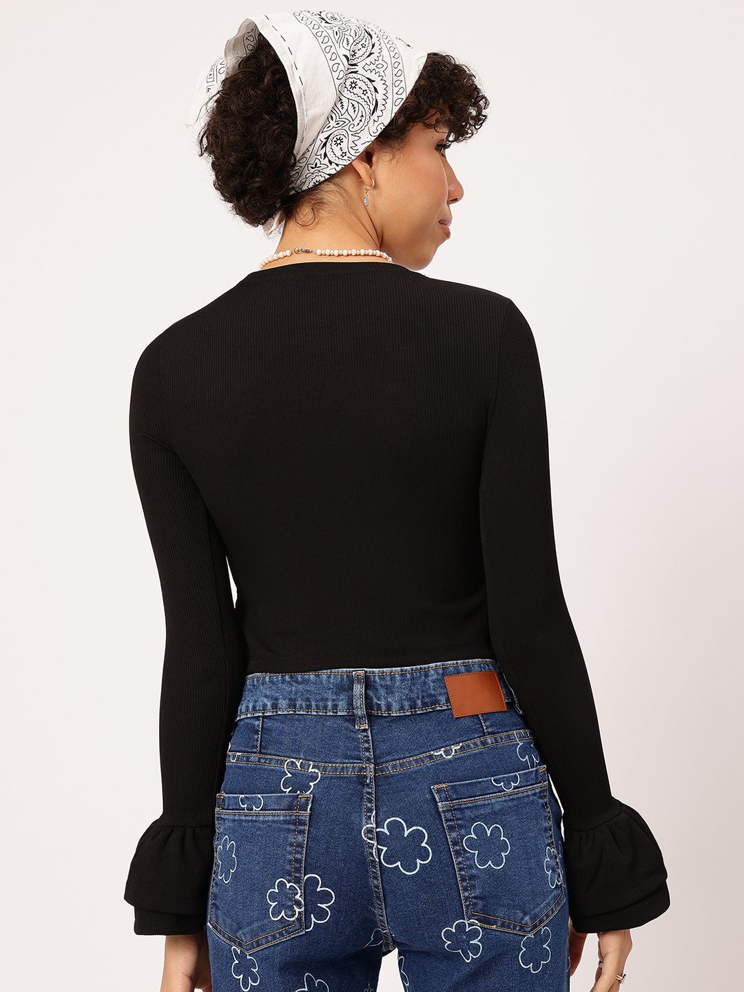 DressBerry Ruffle Charm Ribbed Bell Sleeve Crop Top