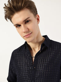 Thomas Scott Men Premium Spread Collar Textured Solid Slim Fit Casual Shirt