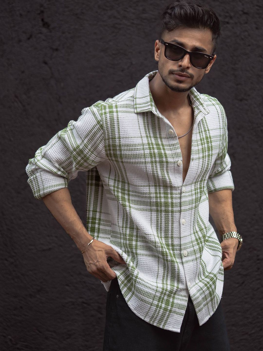 Powerlook Men Spread Collar Tartan Checked Cotton Casual Shirt