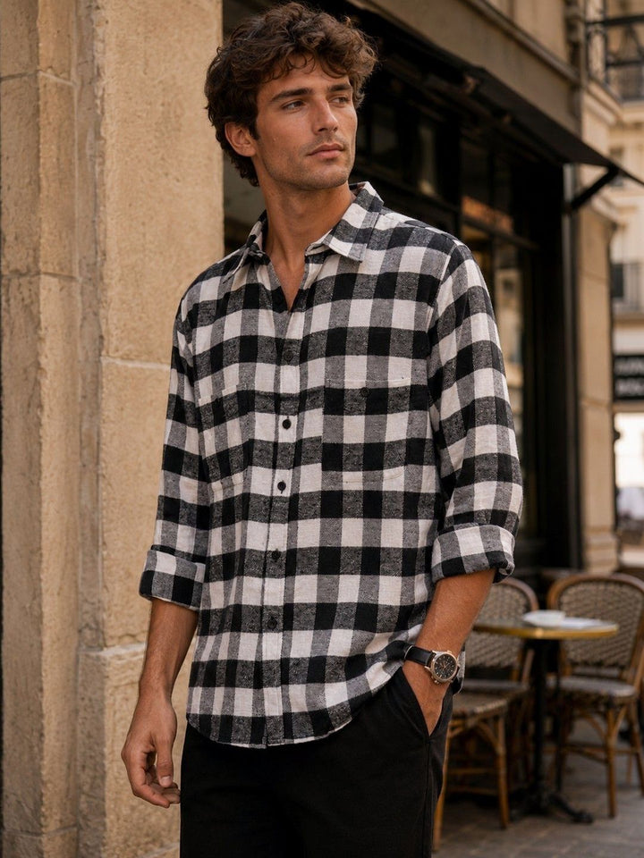 Eszett Men Buffalo Checked Spread Collar Baju Kasual