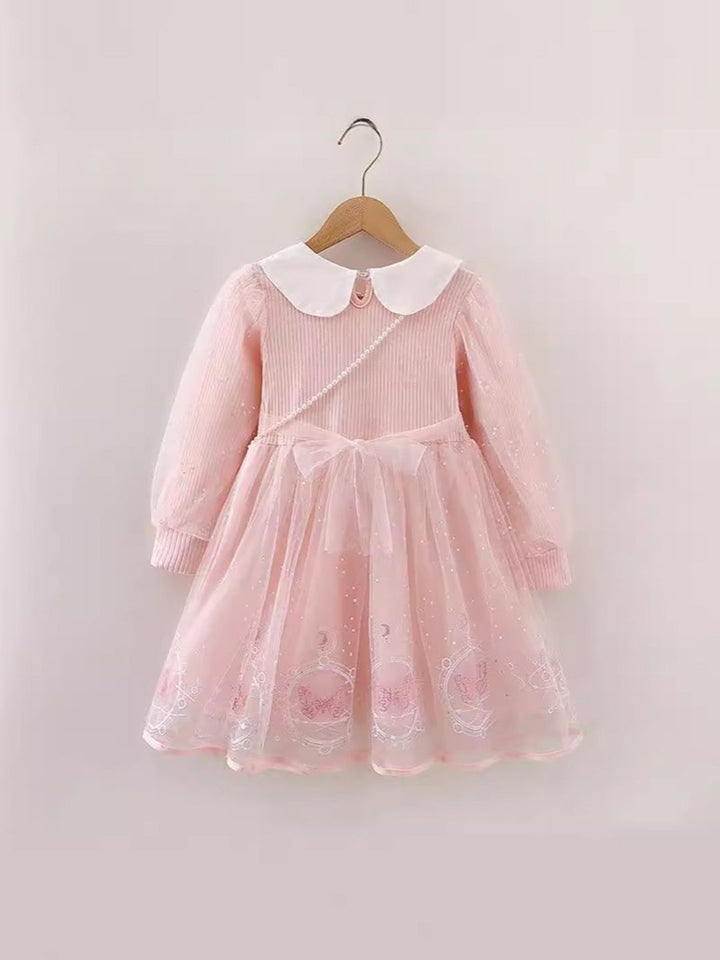 YK Girls Embellished Peter Pan Collar Fit and Flare Dress