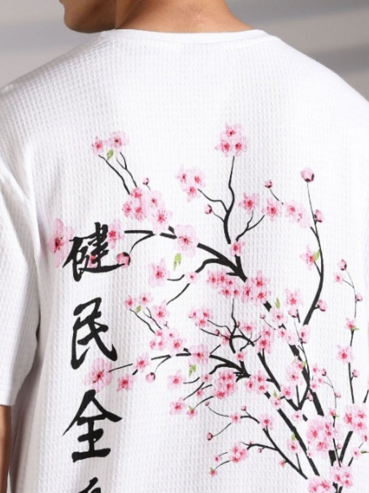 Eszett Lelaki Floral Printed Leher Bulat Bersaiz Besar T-shirt Kapas