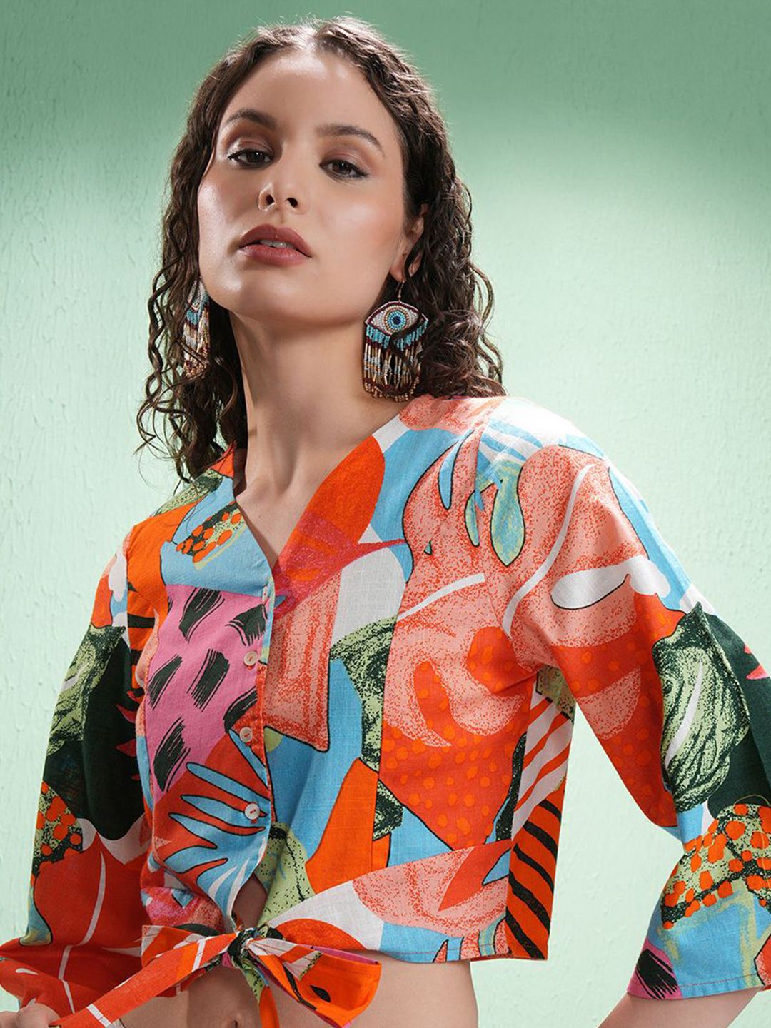Vishudh Print Flared Sleeve Cotton Crop Top