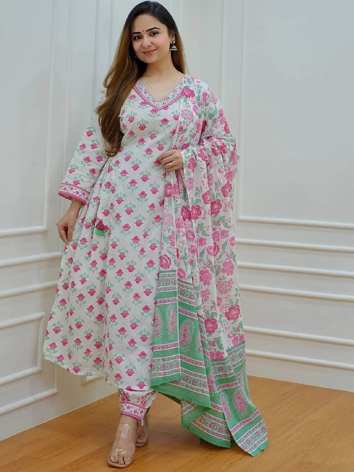 KALINI Floral Printed Waist Tie-Up A-Line Kurta with Trousers & Dupatta