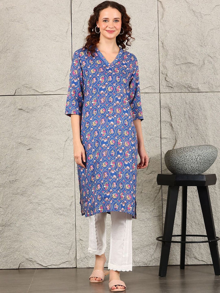W Women Floral Printed Flared Sleeves Thread Work Kurta