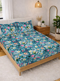 Myntra Elegant Homes Blue Floral 300 TC King Bedsheet with 2 Pillow Covers