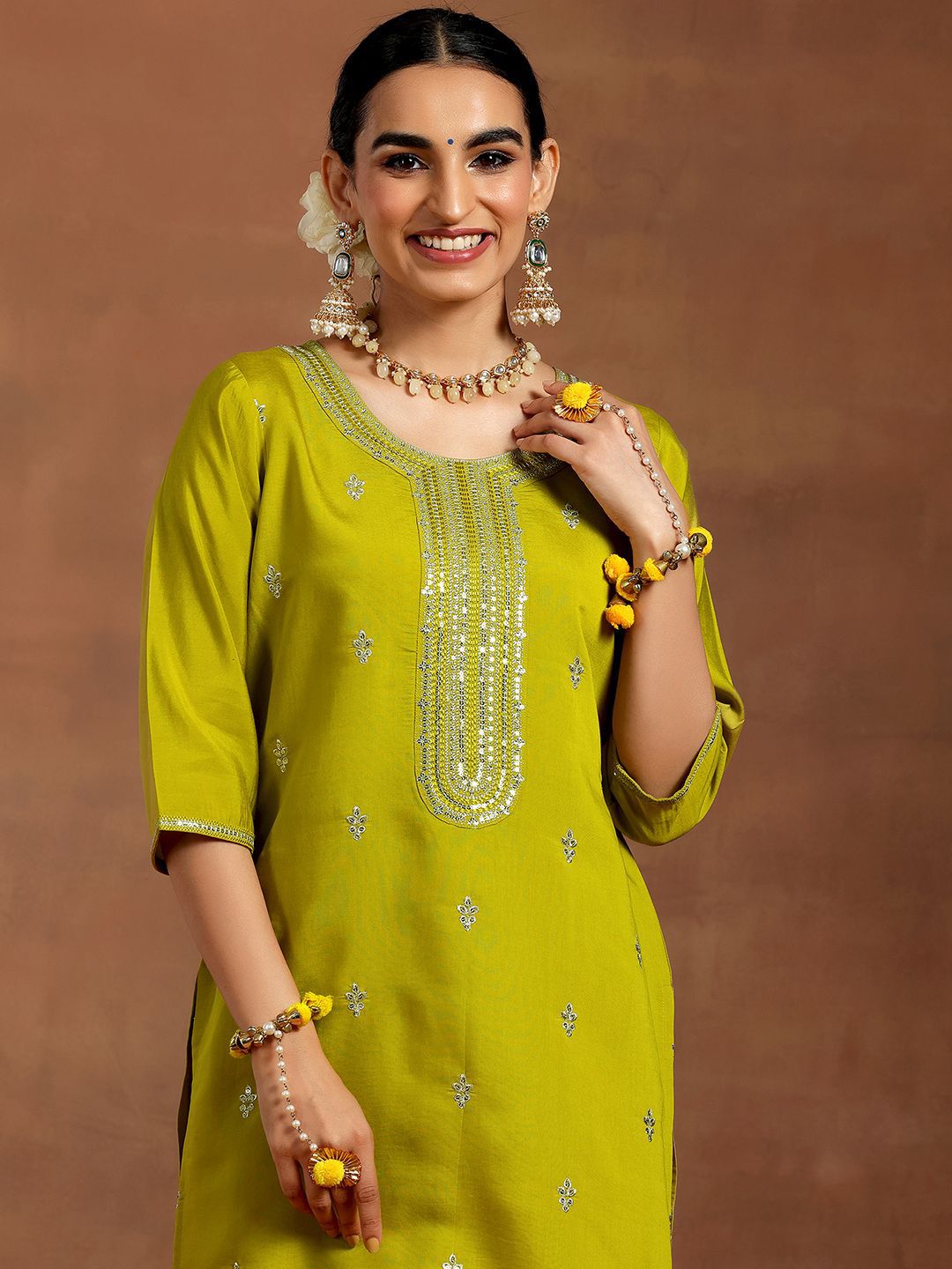 Libas Floral Embroidered Sequinned Straight Kurta with Salwar & With Dupatta