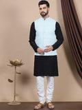 Anouk Black Floral Sulam Labuci Kapas Lurus Kurta & Jaket Churidar & Nehru