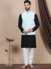 Anouk Black Floral Sulam Labuci Kapas Lurus Kurta & Jaket Churidar & Nehru