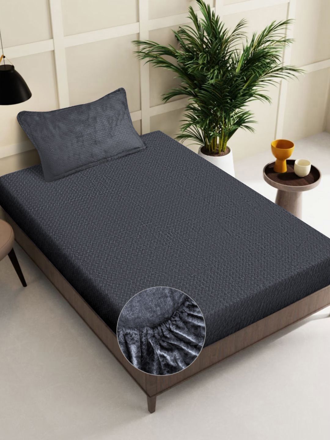 KLOTTHE Grey Abstract 300TC Woolen Single Fitted Bedsheet & 1 Pillow Cover