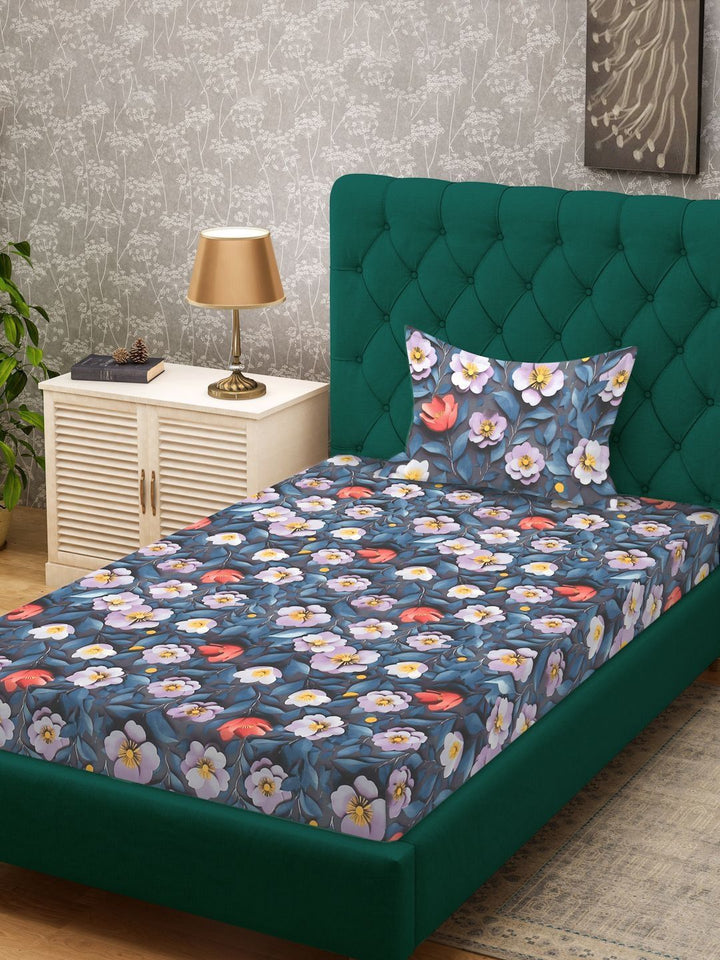 Myntra Elegant Navy Blue Floral 300 TC Single Cadar 7D dengan 1 Sarung Bantal