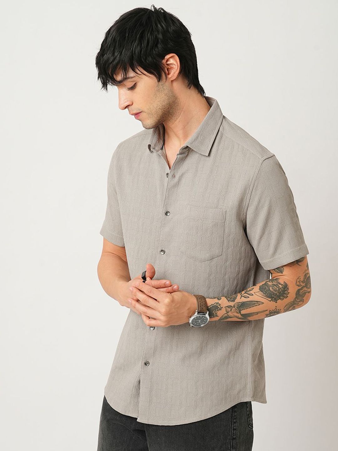 VASTRADO Men Classic Spread Collar Textured Slim Fit Casual Shirt