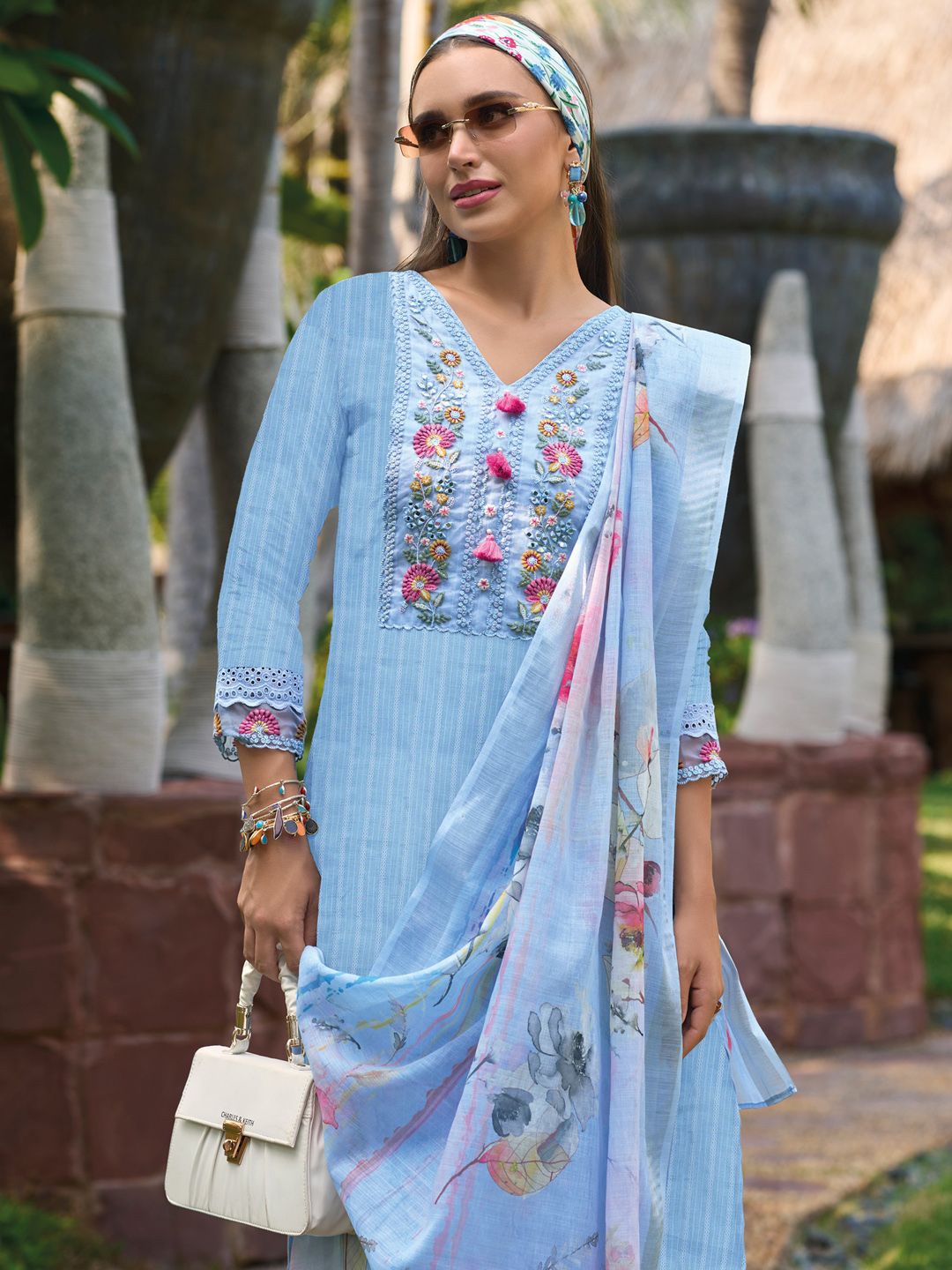 Indo Era Floral Embroidered Pure Cotton Kurta With Trousers & Dupatta