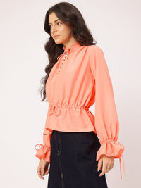 DressBerry Flirty Tie-Ups Frill Collar Puff Sleeves Top