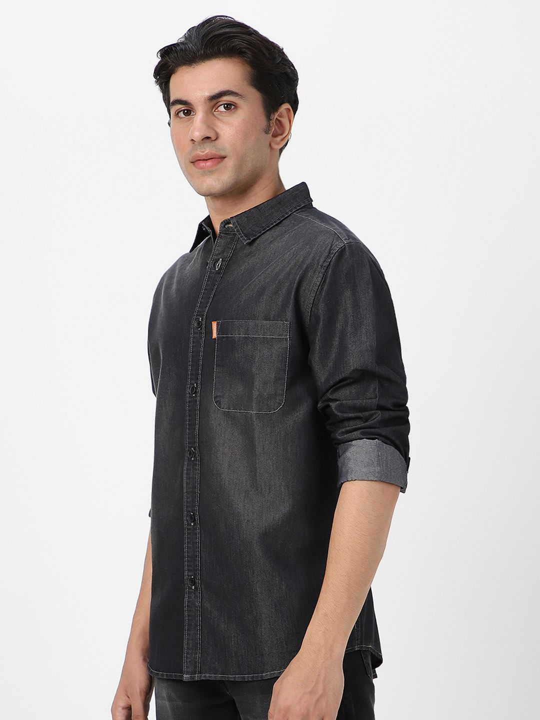Urbano Fashion Men Spread Collar Solid Denim Casual Shirt
