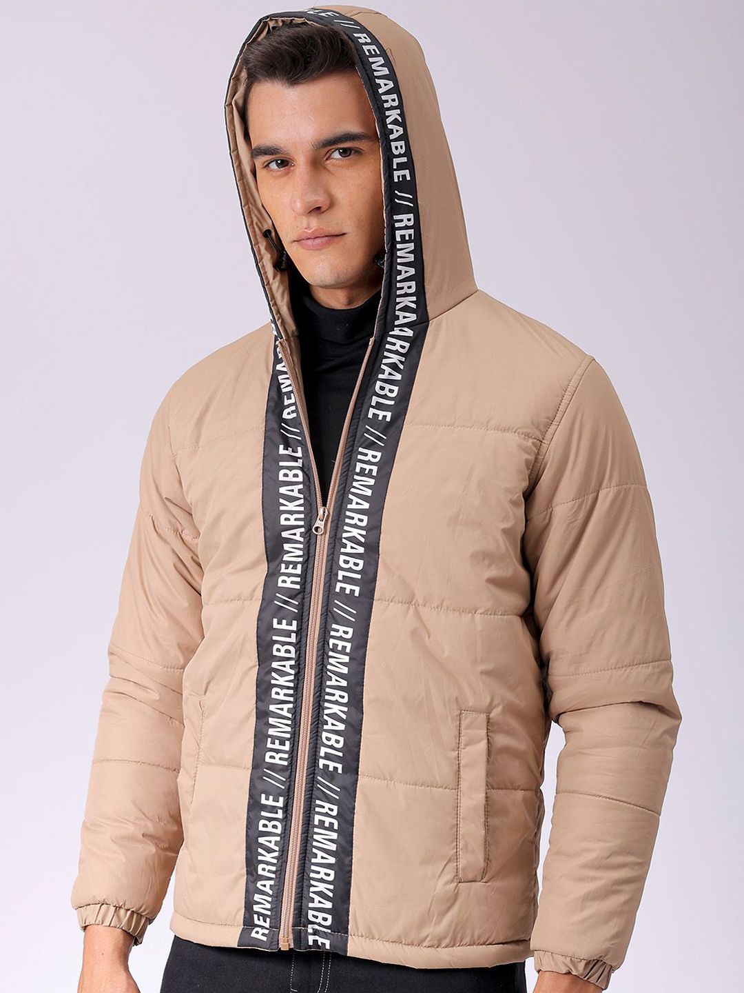 The Indian Garage Co Men Hooded Typography Printed Puffer Jacket
