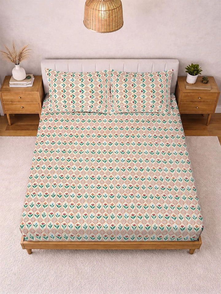 Pink Floral 300 TC King Bedsheet with 2 Pillow Covers
