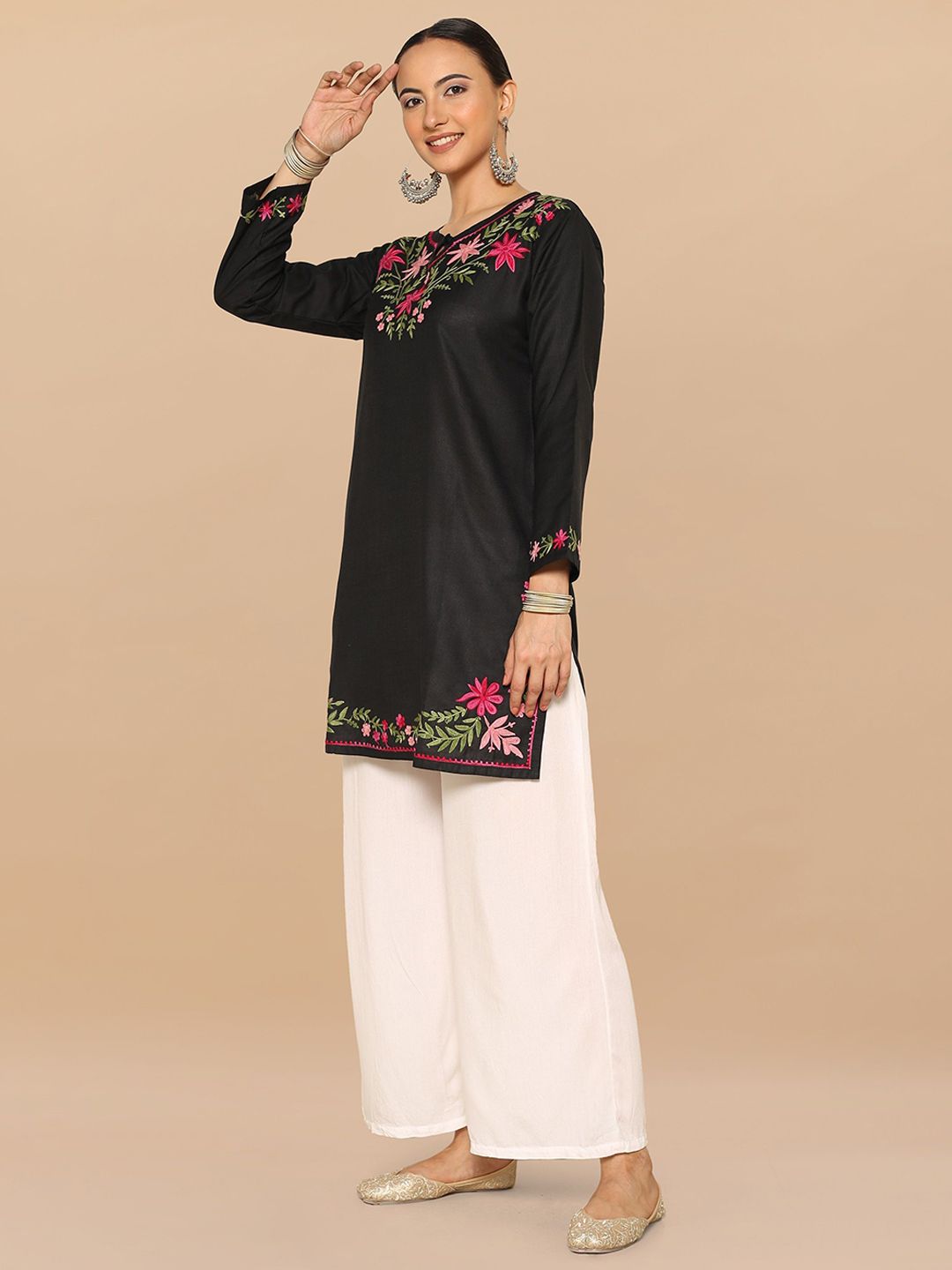HOUSE OF KARI Floral Embroidered Cotton Falak Kashmiri Straight Kurta