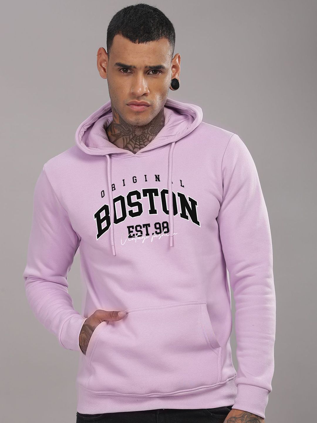 ADRO Men Typography Printed Hood Cotton Pullover Ribbed Sweatshirt
