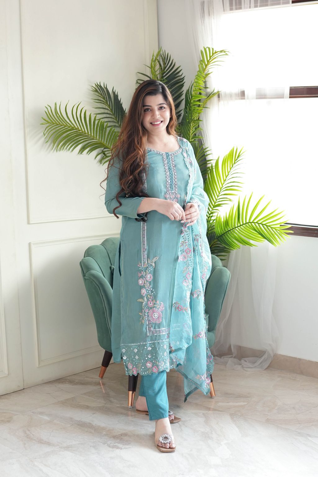 KALINI Floral Embroidered Sequinned Work Round Neck Straight Kurta With Trousers & Dupatta
