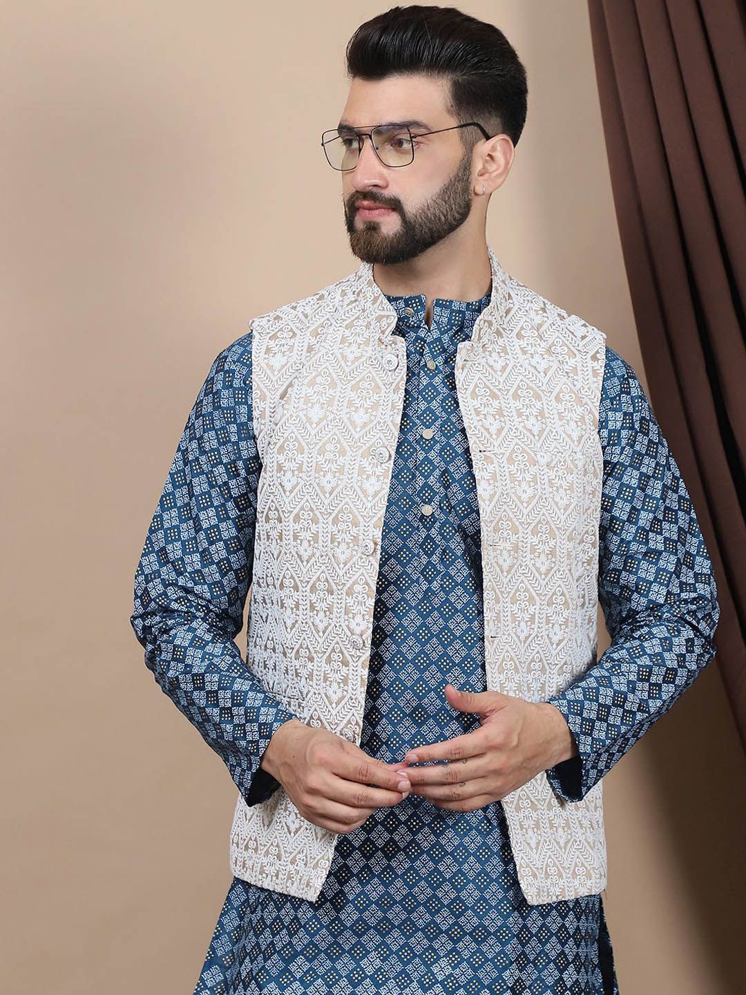 Anouk Teal Blue Ethnic Motifs Woven Design Mandarin Collar Straight Kurta & Nehru Jacket