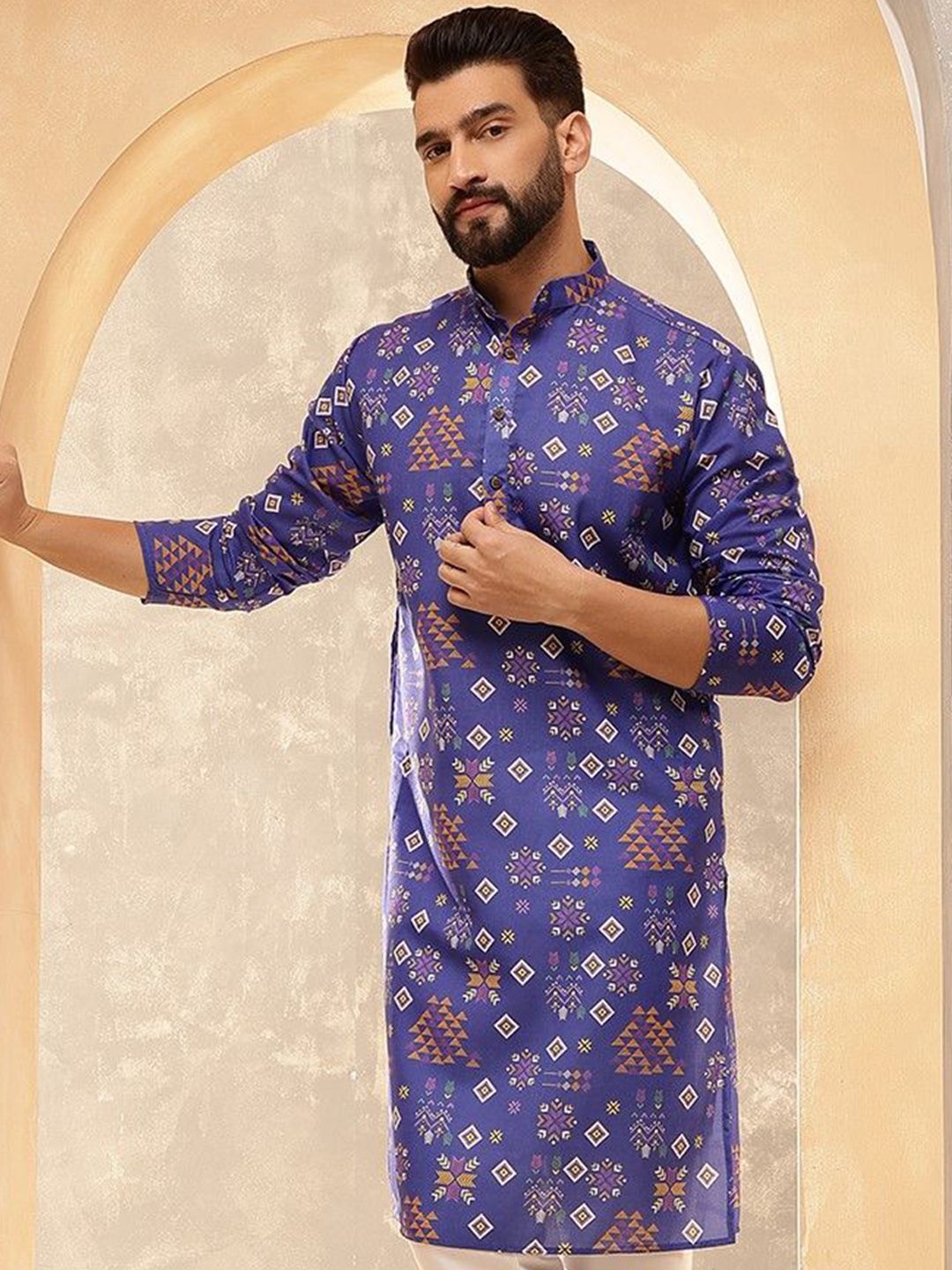 SOJANYA Ethnic Motifs Printed Band Collar Cotton Linen Straight Kurta