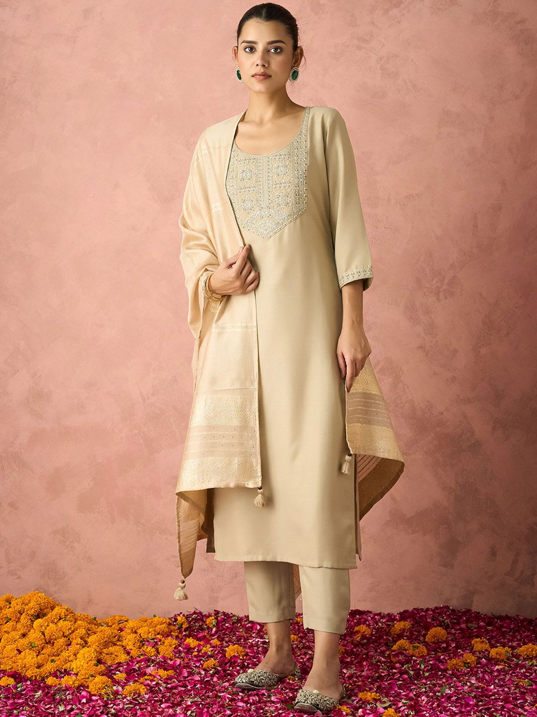 KALINI Ethnic Motifs Yoke Design Straight Thread Work Kurta with Trousers & Dupatta