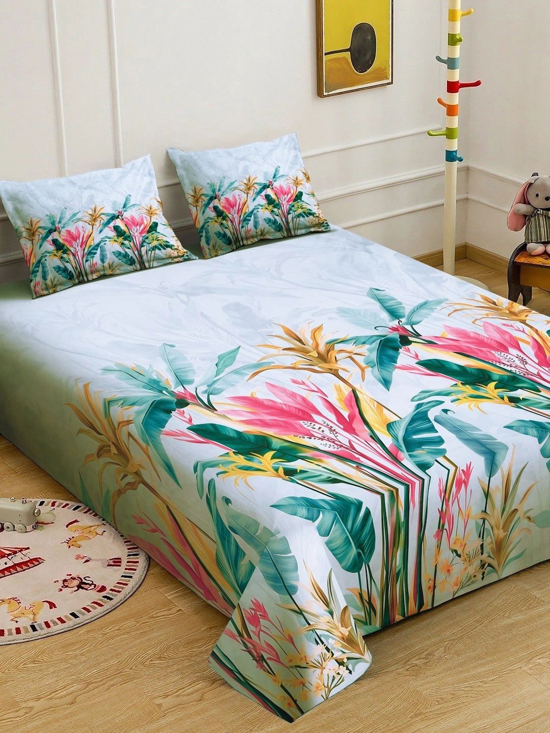 Myntra Elegant Homes Blue & Pink Floral 400 TC King Cadar dengan 2 Sarung Bantal