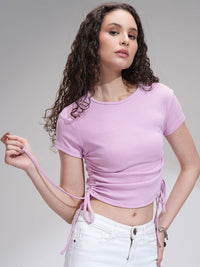 Street By Tokyo Talkies Women Solid Round-Neck Tie-Up Rib Top
