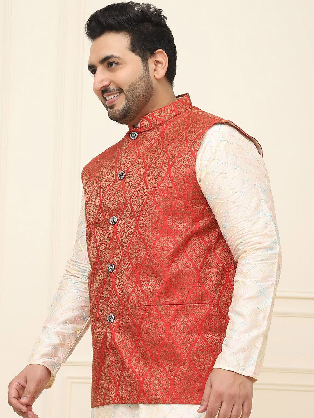 SOJANYA PLUS Lelaki Plus Size Printed Mandarin Collar Nehru Jaket