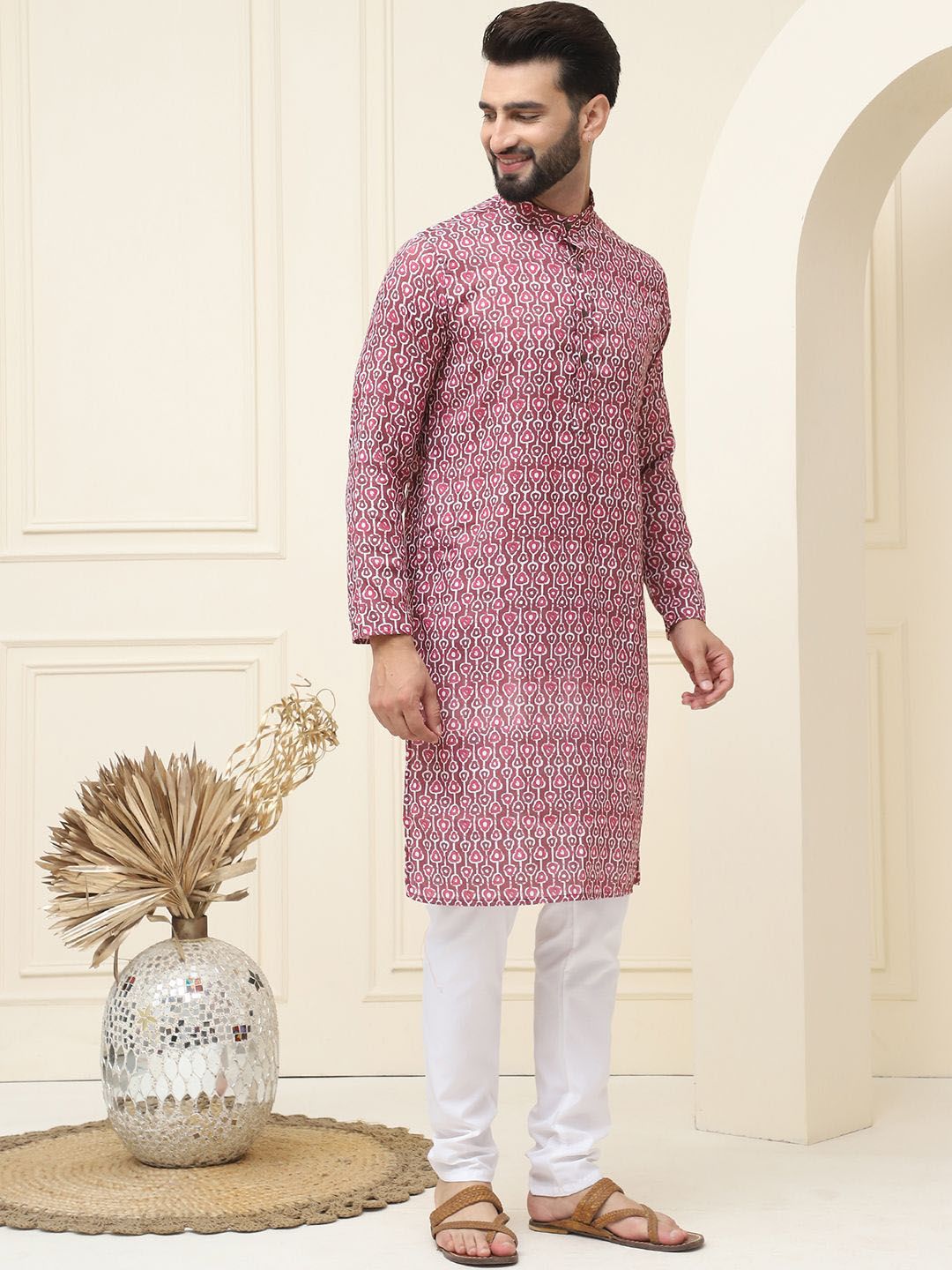 SOJANYA Kurta Kapas Tulen Bercetak Geometrik Biasa Dengan Pijama