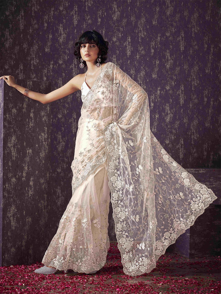 Tikhi Imli Floral Sequinned Embroidered Net Saree With Scalloped Border